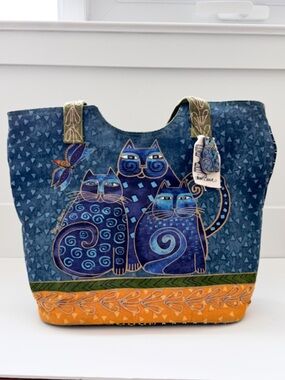 Laurel Burch Indigo Cats Large Canvas Tote Bag Whimsical Boho Art